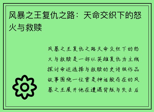 风暴之王复仇之路：天命交织下的怒火与救赎